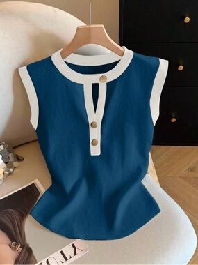 Sleeveless Blue Tank with White Trim and Gold Buttons
